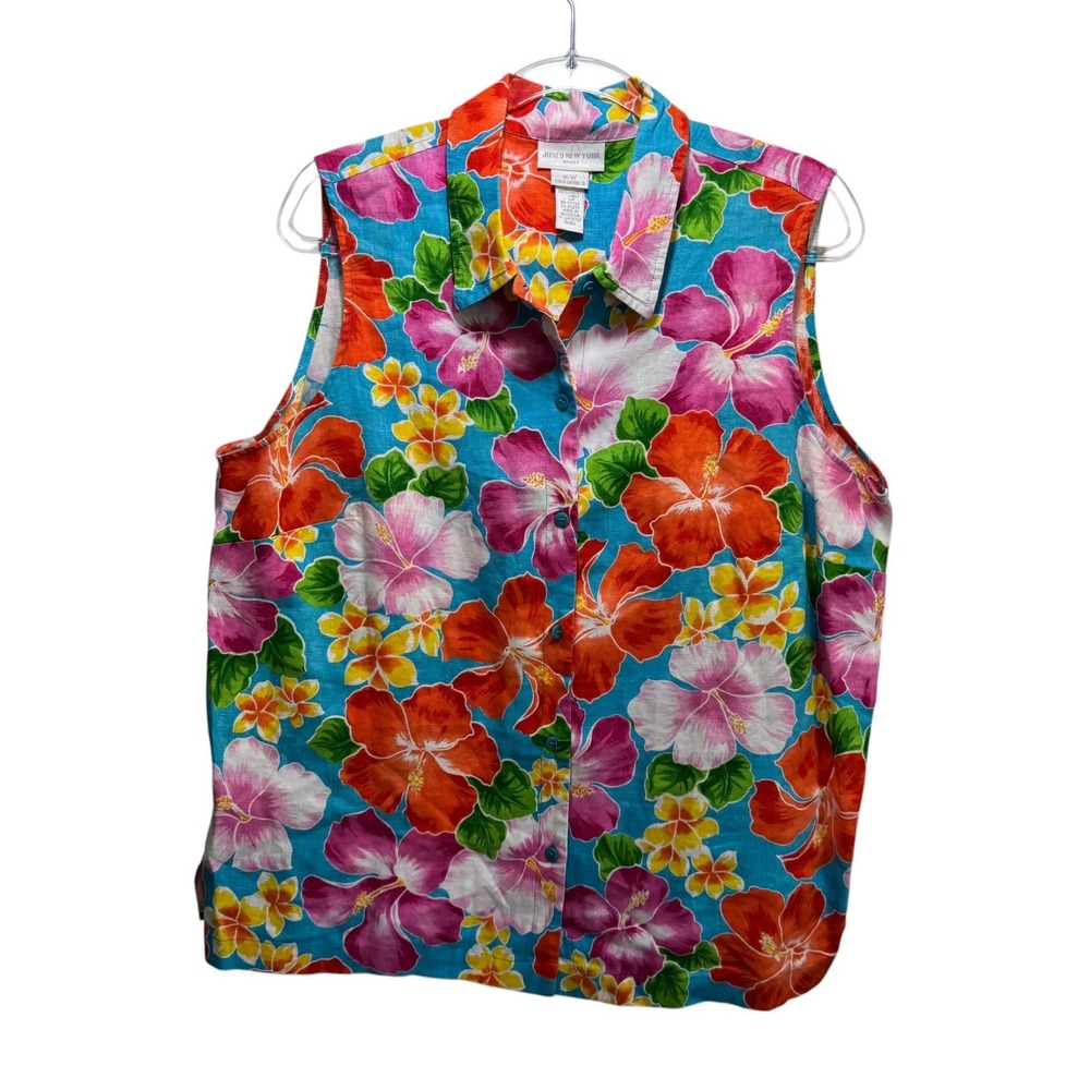 100% Linen‎ Resort Floral Beach Tropical Button Up Shirt Sleeveless 16W Vibrant